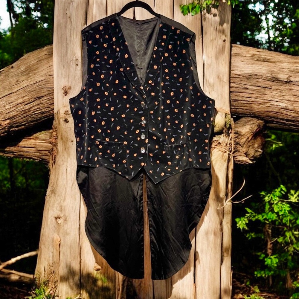 Vintage Black Floral Velvet Vest with Tails, possibly homemade 1-2X